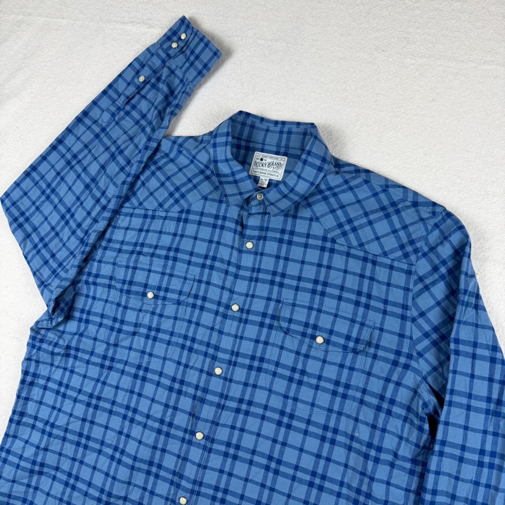 Lucky Brand Saturday Stretch Mens XL Blue Plaid Western Pearl Snap Shirt L/S